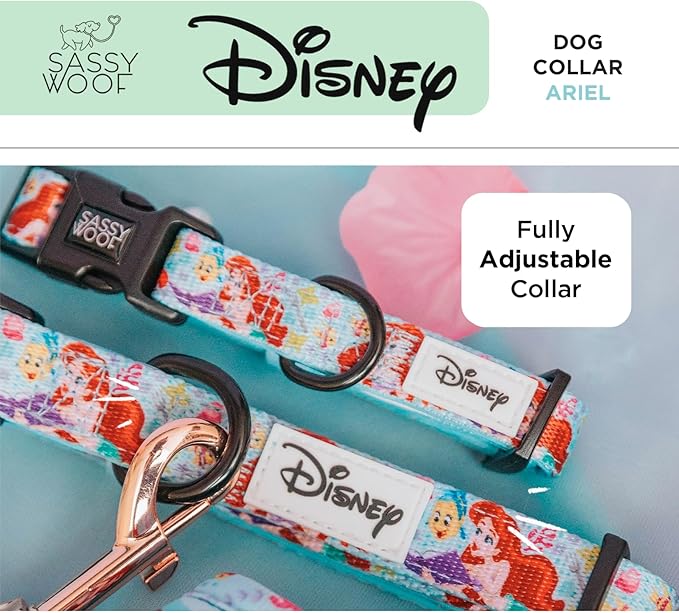 Sassy Woof Dog Collar Disney Princess Little Mermaid Ariel - M, Adjustable, Durable, Comfortable and Stylish Pet Accessories for Medium Dogs - Officially Licensed