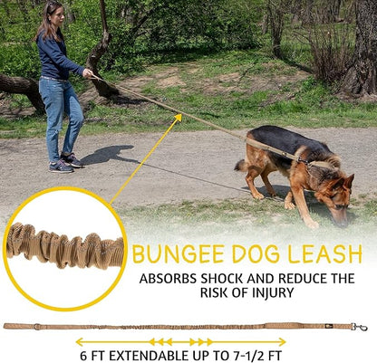 ADITYNA Tactical Bungee Dog Leash 6ft-7.5ft - Shock Absorbing Lead with 2 Padded Handles, Metal Clasp, Car Seatbelt - Heavy Duty No Pull for Medium, Large & XL Breeds