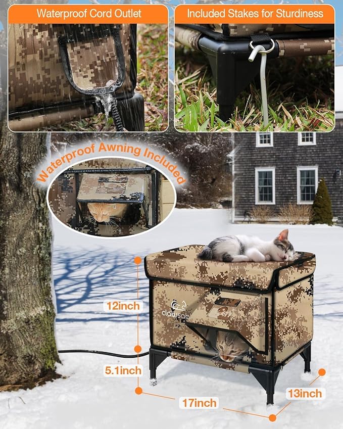Indestructible Heated Cat House for Outside Winter, 100% Waterproof, Safe Escape Door, Insulated Outdoor Cat Shelter with Heater for Feral Barn Cat Kitty (Desert Camouflage, 13"x17"x18")