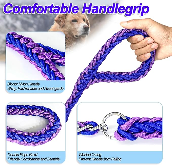 Dog Leash Rope Chain, Nylon Rope Metal Chain for Pet Leads. 6ft Heavy Duty Chew Proof Training Walking for Medium Large Dogs. (Medium, Purple&Black)
