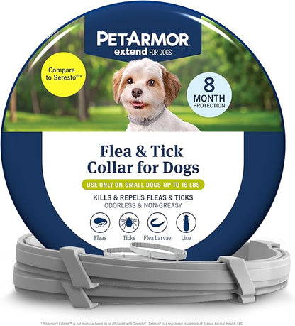 PetArmor Extend Flea & Tick Treatment & Prevention Collar for Small Dogs up to 18 lbs., 8 Months of Protection, Odorless & Non-Greasy, Waterproof, Kills Fleas, Ticks, and Flea Larvae, 2 Count