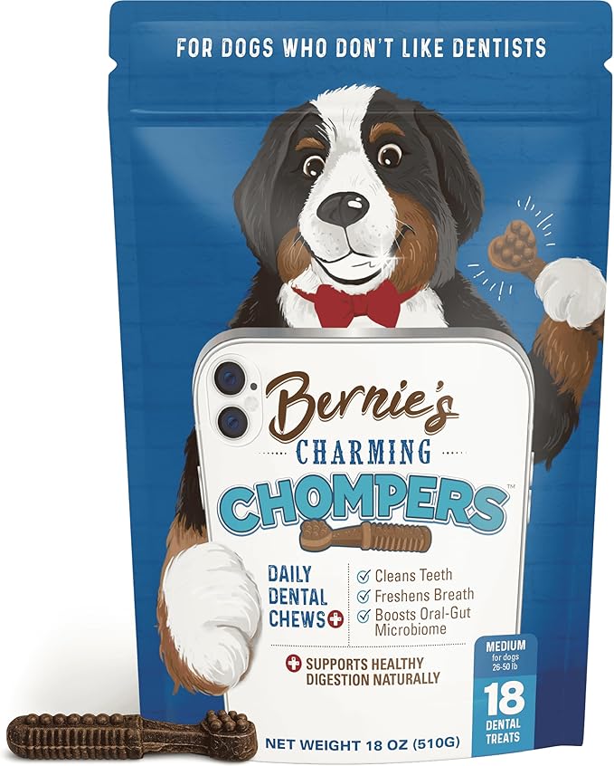 Bernie's Charming Chompers - Daily Dental Chews for Dogs 26-50 Lbs. - 18 Count - Cleans Teeth, Freshens Breath, + Boosts Oral-Gut Microbiome. Easy to Digest, Supports Healthy Digestion Naturally