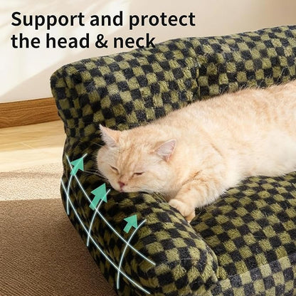 Faux Fur Cat & Dog Sofa Cat Couch Mini Cat Bed Indoor Human Style Pet Sofa, Modern Pet Furniture for Cats, Washable ＆ Removable Cover, for Cats and Small Medium Dogs (Black/Green, X-Large(36X27 inch))