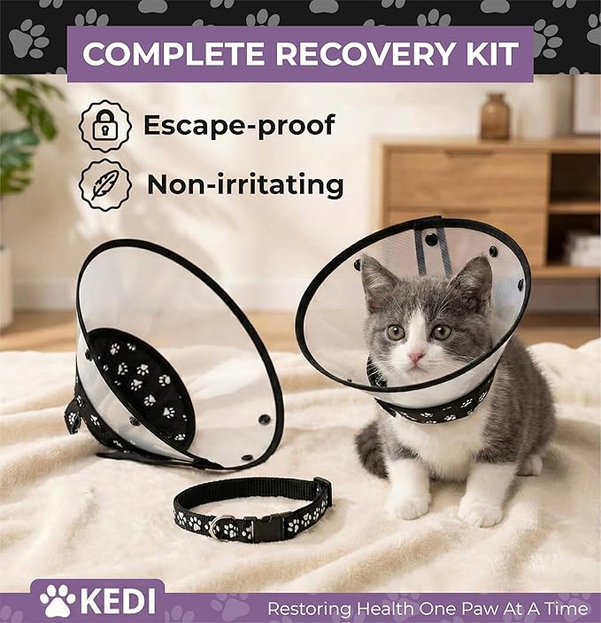 Kitten Cat Cone Collar for After Surgery to Stop Licking, Escape-Proof Recovery Elizabethan E Collar for Cats, Comfortable Cone for Cats (Black, Small)