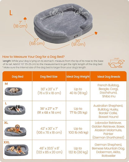 Feandrea Dog Bed, Large Orthopaedic Dog Sofa Bed, 36 x 27 x 7 Inches, Egg Crate Foam, Waterproof Liner, Raised Edges, Removable and Machine Washable Cover, Non-Slip, Light Gray UPGW282G01