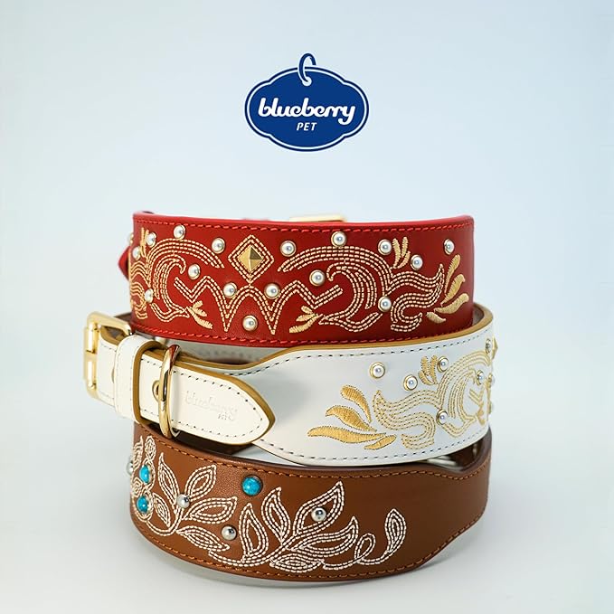 Blueberry Pet Western Genuine Leather Dog Collar for Medium Breeds, Pearl White - Floral Embroidery, Pearl Studs, Adjustable 15-18 Inch Neck, Dog Collars for Medium Dogs