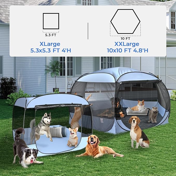 EighteenTek® XLarge Popup Portable Dog Houses 5.3'x4'H Assembly-Free Gazebo-Style Dog Cot Cat Playpen Screen Pet Tent Sun Shade Shelter Dog Bed with Canopy for Outdoor, Anti-Bugs with Leakproof Bottom