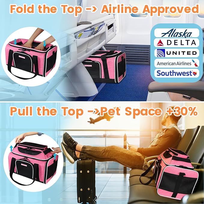 Petskd Top-Expandable Pet Carrier 17x11x9.5 Inches Alaska Airline Approved, Soft-Sided Carrier for Small Cats and Dogs with Locking Safety Zippers and Anti-Scratch Mesh(Pink)