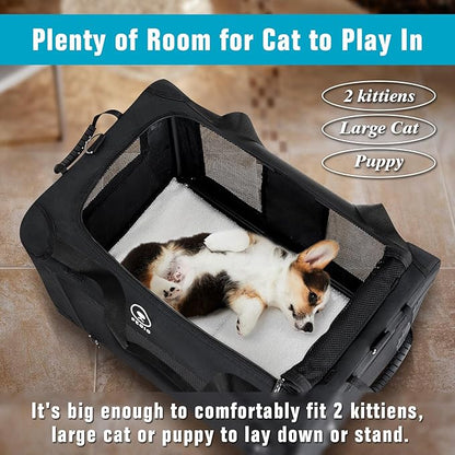 PEGIC Extra Large Cat Carrier for Car Travel, Pegic Soft Sided Collapsible Pet Carrier for Outdoor and Indoor Uses, Roomy Cat Carrier for 2 Kittens, Large Cat or Puppies Up to 50lbs (Black)