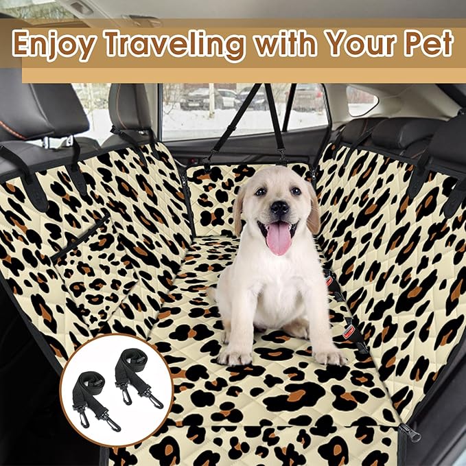 NECKORY Waterproof Dog Car Seat Cover for Back Seat - Durable, Scratch Proof Pet Hammock with Nonslip Design & Storage Pockets, Fits Cars, SUVs, Trucks- S, Leopard/Black