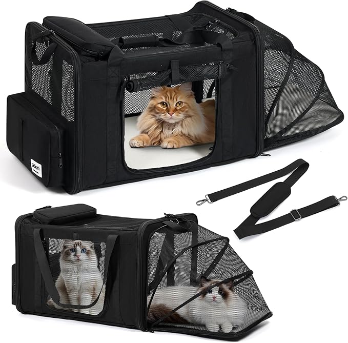 pidipiti 25''(L) x 17''(W) x 17''(H) Extra-Large Expandable cat Carrier for Long Distance car Travel,for 1 Extra-Large cat / 2 Large Cats / 3 Small-Medium Cats up to 35 lbs(Black)