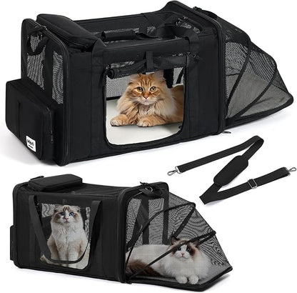 pidipiti 25''(L) x 17''(W) x 17''(H) Extra-Large Expandable cat Carrier for Long Distance car Travel,for 1 Extra-Large cat / 2 Large Cats / 3 Small-Medium Cats up to 35 lbs(Black)