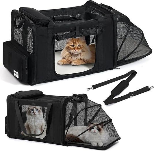 pidipiti 25''(L) x 17''(W) x 17''(H) Extra-Large Expandable cat Carrier for Long Distance car Travel,for 1 Extra-Large cat / 2 Large Cats / 3 Small-Medium Cats up to 35 lbs(Black)