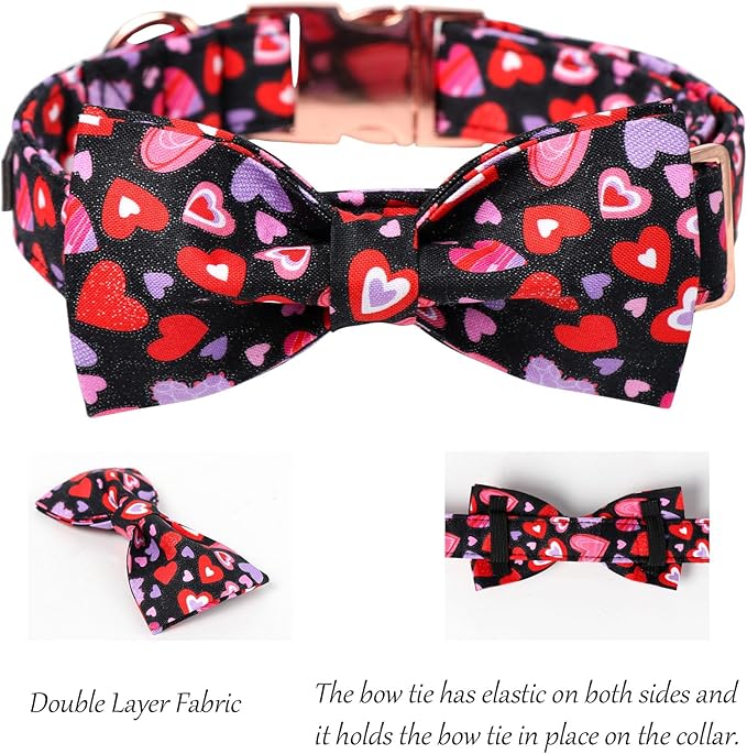 Lionet Paws Valentines Dog Collar Bowtie, Dog Bowtie Collar with Metal Buckle for Dogs, Adjustable Fabric Black Black Dogs Collars Girl Boy, XS, Neck 8-12 in