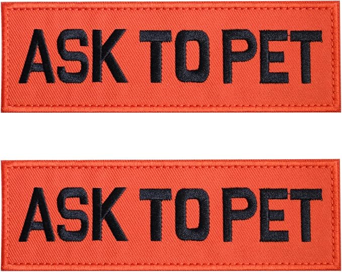 FITZNORA Embroidered Ask to Pet Patches, 2 Pack Clear Sign with Hook and Loop Pieces, Easy to Read Tabs for Dog Vest Harness Collar, 4.7 x 1.5 inches