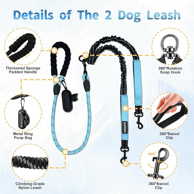 Double Dogs Leash - Removable Main Lead Rope with Splitter, No Tangle 2 Dog Coupler, Reflective No Pull Bungee, 3 Handle, D-Ring, Extra Long for Walk Train Medium Large Two Pet (Blue)