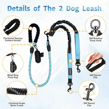 Double Dogs Leash - Removable Main Lead Rope with Splitter, No Tangle 2 Dog Coupler, Reflective No Pull Bungee, 3 Handle, D-Ring, Extra Long for Walk Train Medium Large Two Pet (Blue)