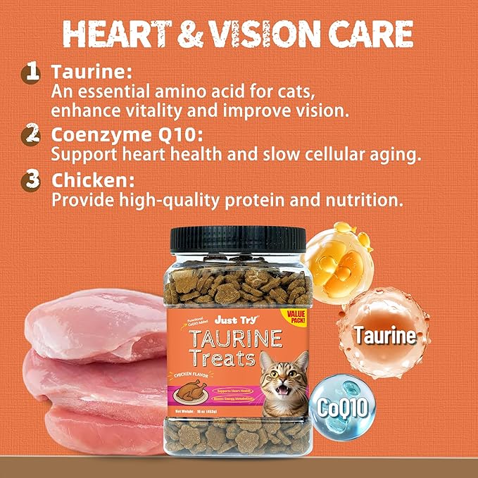 Just Try 16 OZ Taurine Treats with Coenzyme Q10 for Cats - Coq10 & Taurine for Cat to Support Feline Heart Health - Chicken Flavored Chews - Vitamins Snacks Treats