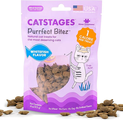 Catstages by Nina Ottosson Purrfect Bitez Natural Crunchy Cat Treats for Puzzles, Toys, Feeders, & Training, USA-Made, Real Whitefish Flavor, 4oz