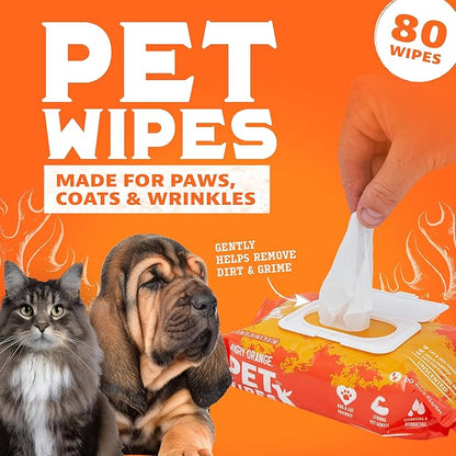 Angry Orange Unscented Pet Wipes - Hypoallergenic & Fragrance-Free With Aloe & Chamomile - Thick Grooming Wipes for Paws, Fur, Butt - Safe for Dogs & Cats, Gentle for Sensitive Skin - 80 Count, 1 Pack