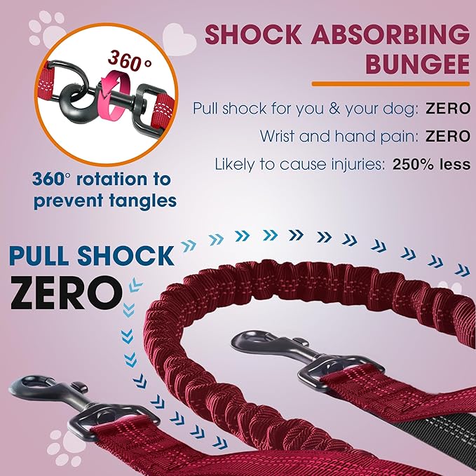Hands Free Dog Leash with Waist Belt – No-Pull Bungee, Dual Padded Handles & Zipper Pouch for Running, Walking & Training – Adjustable Waist Leash for Large & Medium Dogs (Red)