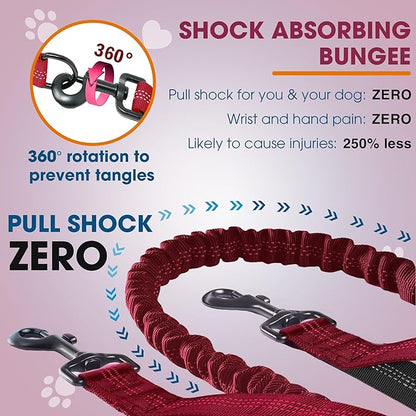 Hands Free Dog Leash with Waist Belt – No-Pull Bungee, Dual Padded Handles & Zipper Pouch for Running, Walking & Training – Adjustable Waist Leash for Large & Medium Dogs (Red)