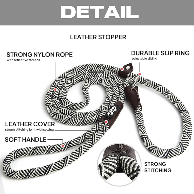 TwoEar 6FT Slip Lead Dog Leash, Heavy Duty Slip Leash for Dogs with Highly Reflective, Strong Rope Slip Leads No Pull Pet Training Leashes for Small Dogs (3/8", Grey)