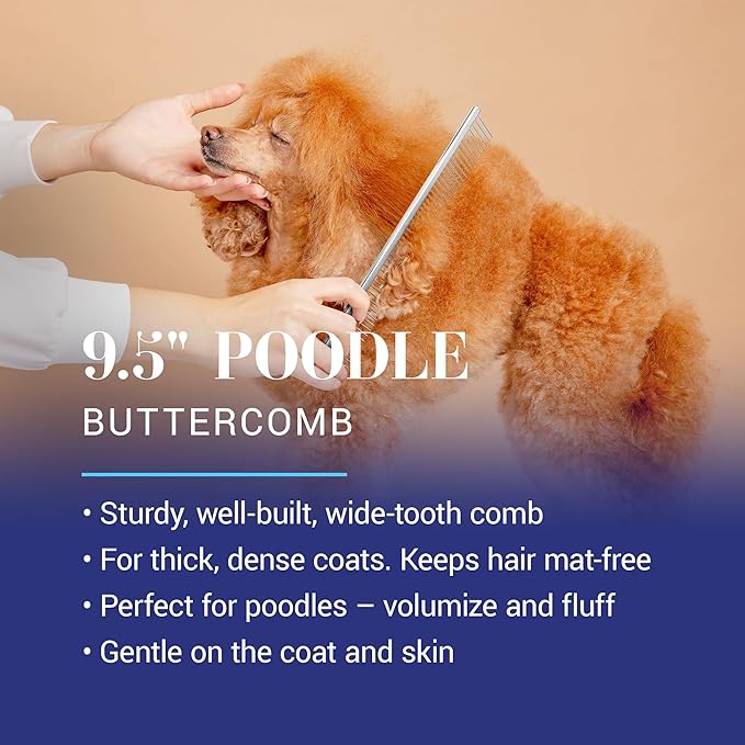 Chris Christensen 9.5 in Coarse Poodle Butter Comb, Groom Like a Professional, Rounded Corners Prevent Friction and Breakage, Solid Brass Spine with Steel Teeth, Chrome Finish
