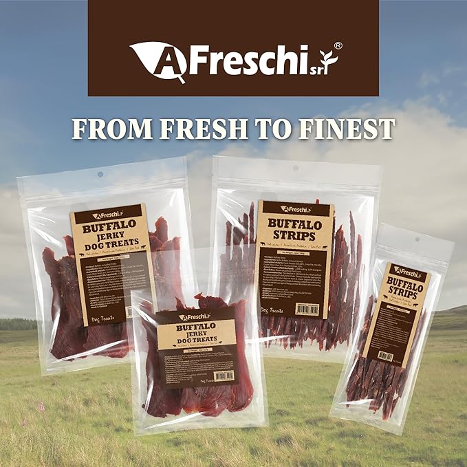 A Freschi srl Buffalo Dog Treats, All-Natural, Hypoallergenic, High Protein, Low Fat, Human Grade Puppy Chews – Healthy Grain-Free Training Treats, 12oz Jerky Strips