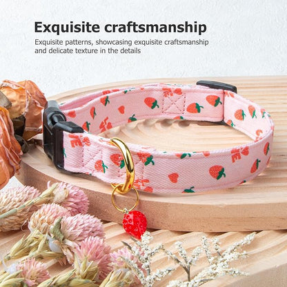 Cotton Handmade Dog Collar Cute and Distinctive Patterns Pink Strawberries with Pendant for Girl Boy Dogs Collars M