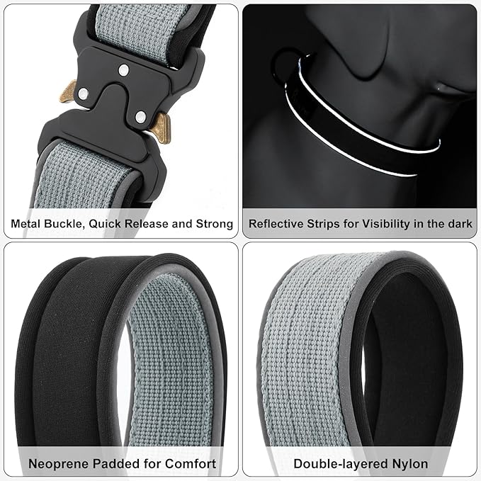 Plutus Pet Tactical Dog Collar, Reflective, Adjustable Heavy Duty Dog Collar, Soft Padded and Comfortable, for Small Medium and Large Dogs (Gray, M)