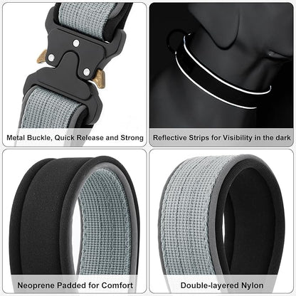 Plutus Pet Tactical Dog Collar, Reflective, Adjustable Heavy Duty Dog Collar, Soft Padded and Comfortable, for Small Medium and Large Dogs (Gray, M)