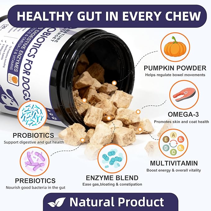 NATURE TARGET Probiotics for Dogs, 6 Billion Dog Probiotics with Prebiotics & Enzymes for Digestive & Gut Health, Pumpkin, Omega-3 & Multivitamins for Itchy Skin, Allergies, 120 Dogs Probiotics Chews