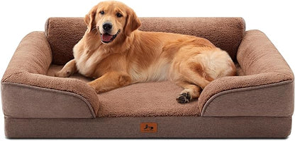Warmrest XL Orthopedic Dog Beds for Large Dogs, Waterproof Egg-Crate Foam Pet Couch Bed with Soft Sides, Non-Slip Dog Sofa with Fleece Removable Washable Cover, 42" L Supportive Pet Sofa, Brown