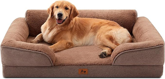Warmrest XL Orthopedic Dog Beds for Large Dogs, Waterproof Egg-Crate Foam Pet Couch Bed with Soft Sides, Non-Slip Dog Sofa with Fleece Removable Washable Cover, 42" L Supportive Pet Sofa, Brown