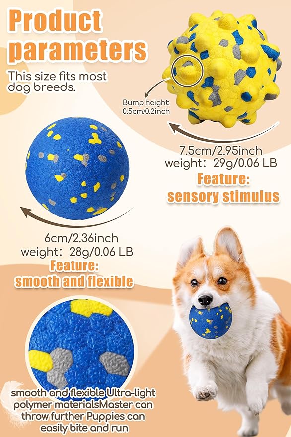 Moonorange Dog Tennis Balls for Aggressive Chewers, Indestructible Durable Bouncy Interactive Toy for Dogs Fetch Game Lightweight Floating Outdoor Training(2 Yellow Point+ 2 Blue Cirle Medium)