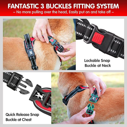PoyPet Dog Harness and Leash Combo, Escape Proof No Pull Vest Harness, with 5 Feet Leash, Reflective Adjustable Soft Padded Pet Harness with Handle for Small to Large Dogs(Red,S)