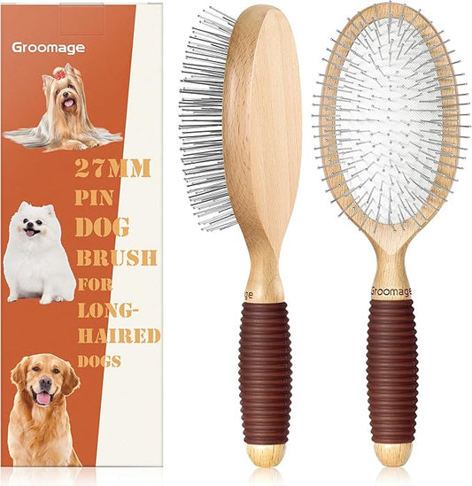 GROOMAGE Dog Brush for Long Haired Dogs, 27mm Extra Long Pin Brush for Grooming, Shedding - Beech Wood Material, Non-Slip Rubber Handle, Round-Tipped Pins