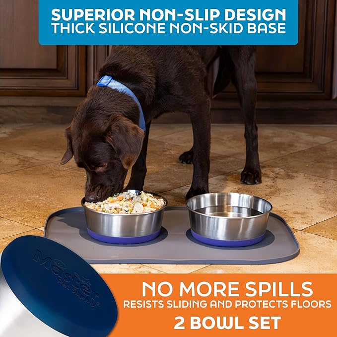 Master Pet Supply Stainless Steel Dog Bowls Set of 2 with Extra Thick Silicone Base - 8 Cup (64 oz) Navy Blue, Non-Slip, Dishwasher Safe Metal Bowls, Pet Dog Food Bowl for Dogs, Cats, Anti Rust