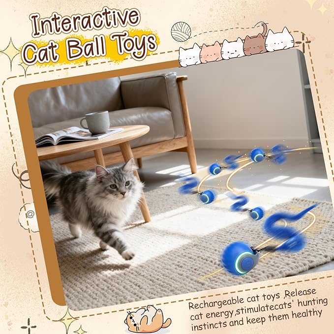 CONAMEI 2PCS Interactive Cat Toys Ball,Newly Upgraded Speedy Tail Cat Toy with USB Charging,Automatic Smart Interactive Cat Toys for Indoor Cats with 6 Tails-Blue&Red