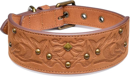 Blueberry Pet Premium Embossed Silver-Powered Freshness Microfiber Suede Leather Dog Collar in Saddle Brown