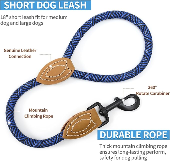 Mile High Life Short Leash for Large Dogs, Short Dog Rope Leash with Heavy Duty Metal Sturdy Clasp, Genuine Leather Tailored Connection(Blue, 18 Inch)