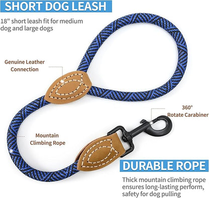 Mile High Life Short Leash for Large Dogs, Short Dog Rope Leash with Heavy Duty Metal Sturdy Clasp, Genuine Leather Tailored Connection(Blue, 18 Inch)