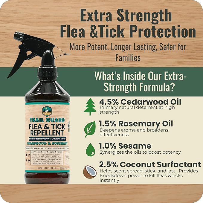 Trail Guard Natural Extra Strength Insect, Flea and Tick Spray for Dogs, Cats, People & Home (16oz, Cedarwood & Rosemary)