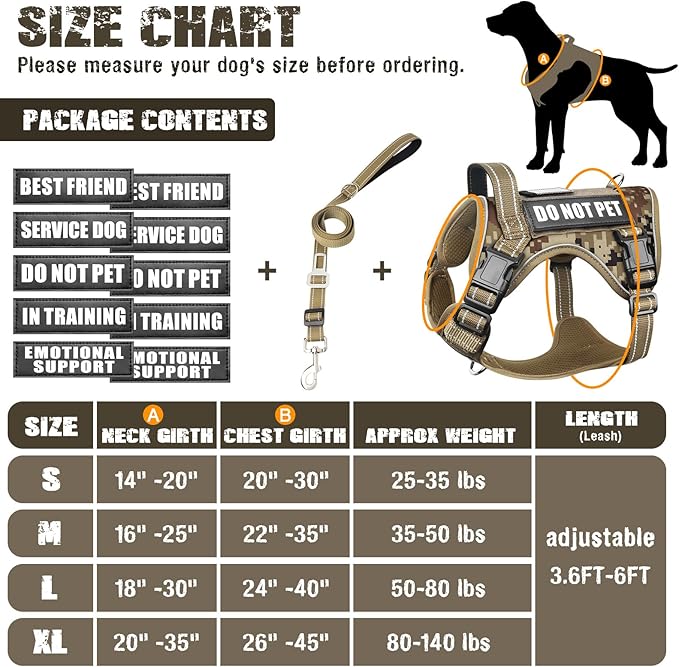 MOOGROU Tactical Dog Harness and Leash Set for Large Dogs,Heavy Duty No Pull Service Dog Vest and 10 Patches with Dog Seat Belt,Reflective Adjustable Pet Harness for Training Walking Hiking Camo XL