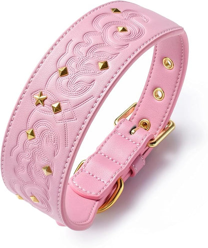 Blueberry Pet Premium Embossed Pink Glam Silver-Powered Freshness Microfiber Leather Dog Collar with Gold Studs