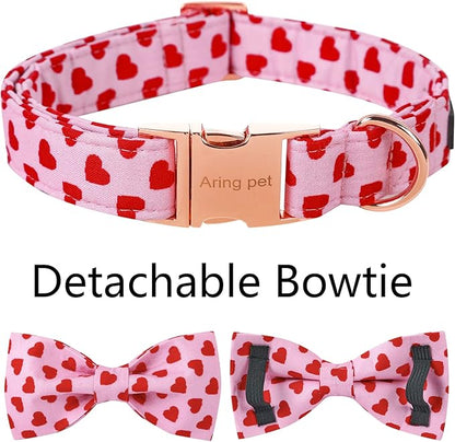 ARING PET Valentine's Day Dog Collar with Bow, Cute Adjustable Pink Heart Bowtie Pet Collars with Metal Buckle for Puppy Small Medium Large Boy Girl Dogs-M