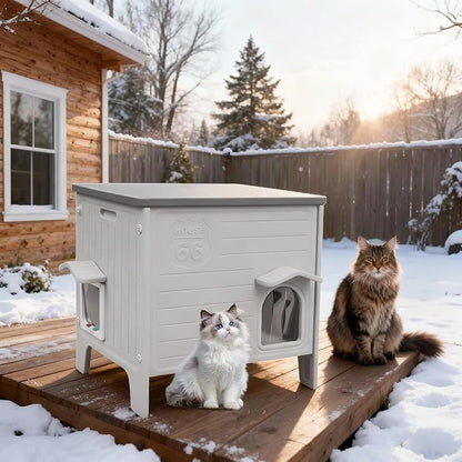 Weatherproof Insulated Outdoor Cat House for Feral Cat, Plastic Elevated Cat Shelter with Escape Door, Easy Assemble, Expansive Interior‌ Grey 22.0" L x 21.0" W x 16.0" H