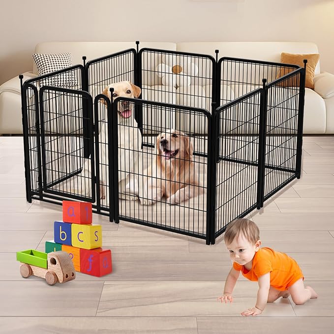 Getlay Dog Playpen 32 inch(H) 4 Panels Dog Fence Outdoor for Yard. Metal Dog Pen Heavy Duty Pet Puppy Exercise Pen for Rv Camping Garden Yard, Wide Door Low Threshold Dog Fence Total 8.9 Ft(L)