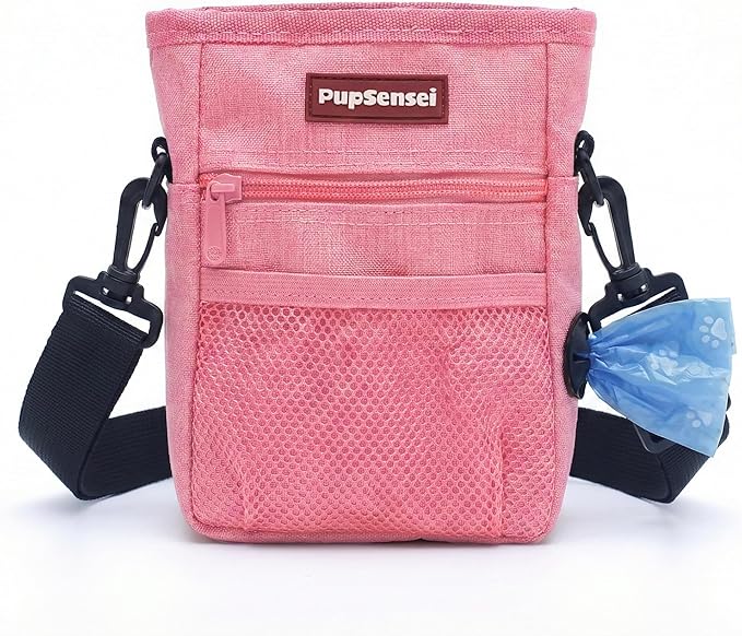 PupSensei Dog Treat Pouch for Training – Magnetic Dog Treat Bag with Belt Clip & Poop Bag Dispenser – Hands Free Carry Pouch with Auto-Close Access & Shoulder Strap – Durable Pet Gear –Light Pink